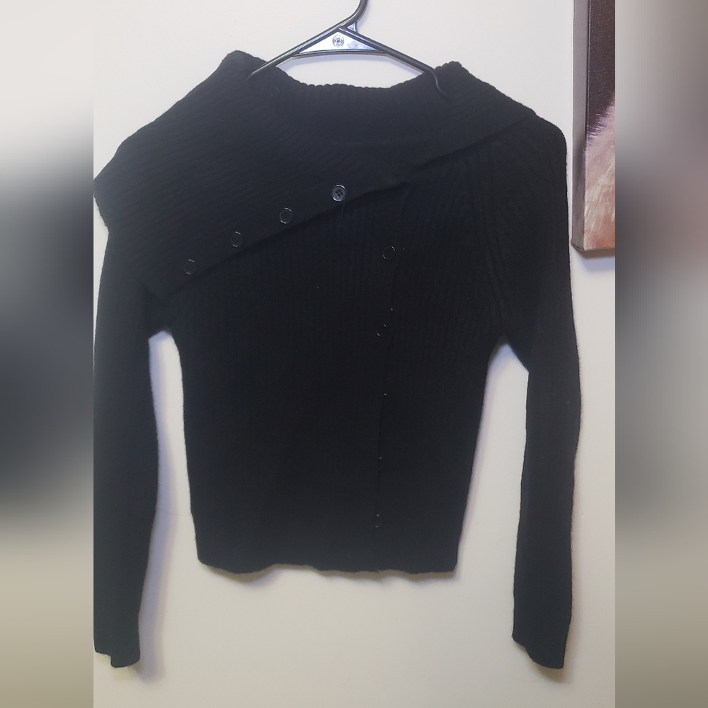 Source Unknown Black Ribbed Button-Accent Women's Sweater Cardigan